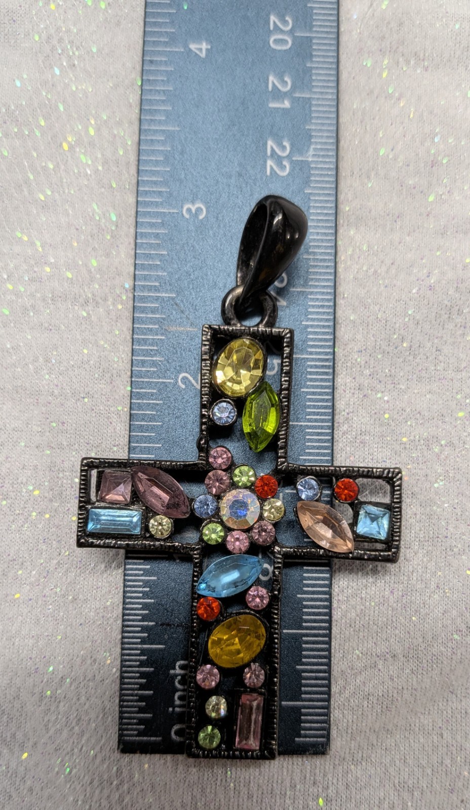Vintage Black Tone Multicolor Rhinestone Cross Pendant Large Statement Charm