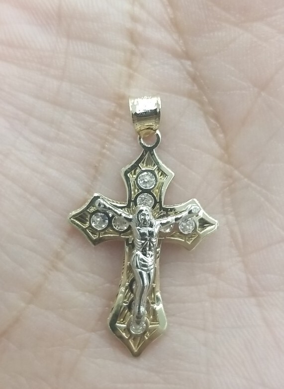 10KT Jesus Cross pendant Real Yellow Gold Diamond cut 3mm Bail, 1.05GRM