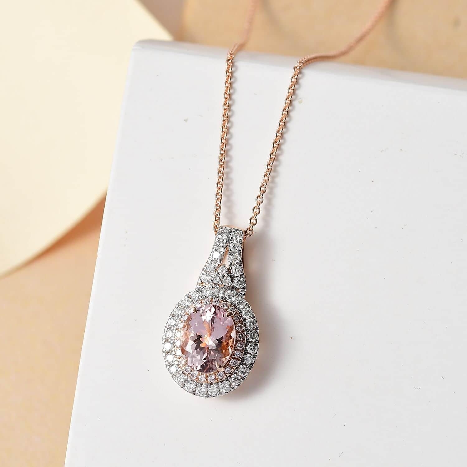 Pink Morganite G-H I2 Diamond 2.35 Double Halo Pendant Necklace 20 ” Rose Gold