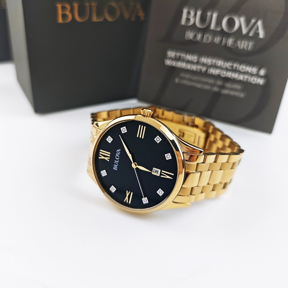 Bulova 97D108 Classic Diamond Black Dial Gold Bracelet Men’s 40mm Quartz Watch