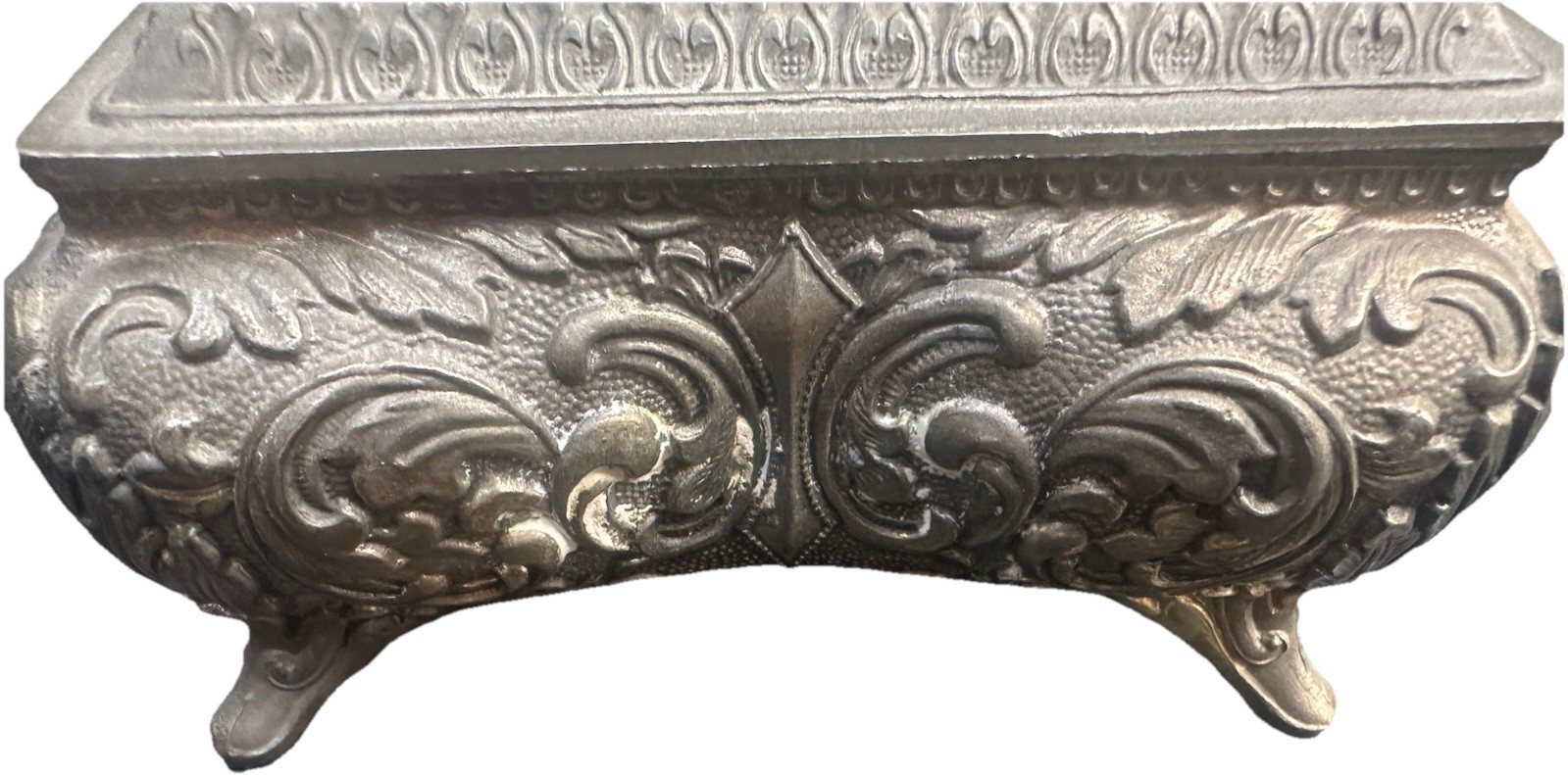 Silver Red Velvet Lined JAPAN Heavy Ornate Jewelry Keepsake Box Footed Vintage