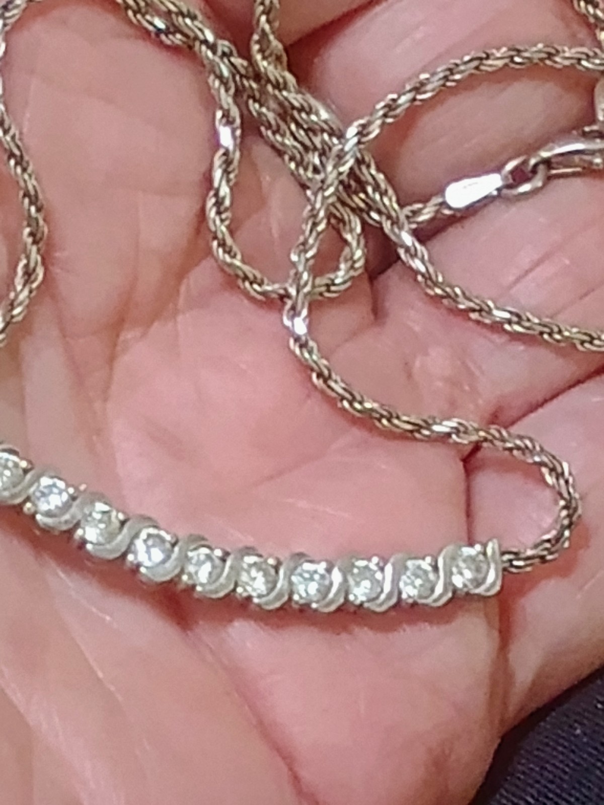 17″ SU Signed 925 Sterling Silver CZ Curved Bar Rope Chain Necklace 7.68g