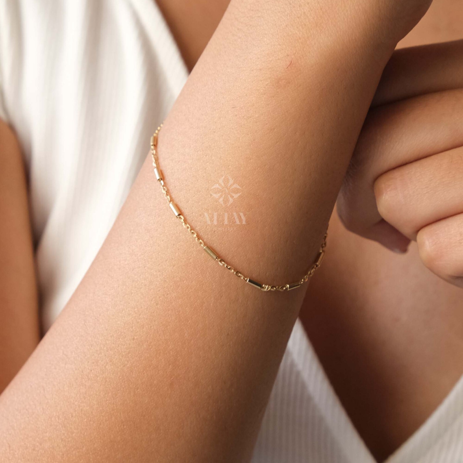 14K Gold Tube Chain Bracelet, Tube Chain Bracelet, Cylinder Long Tube Chain