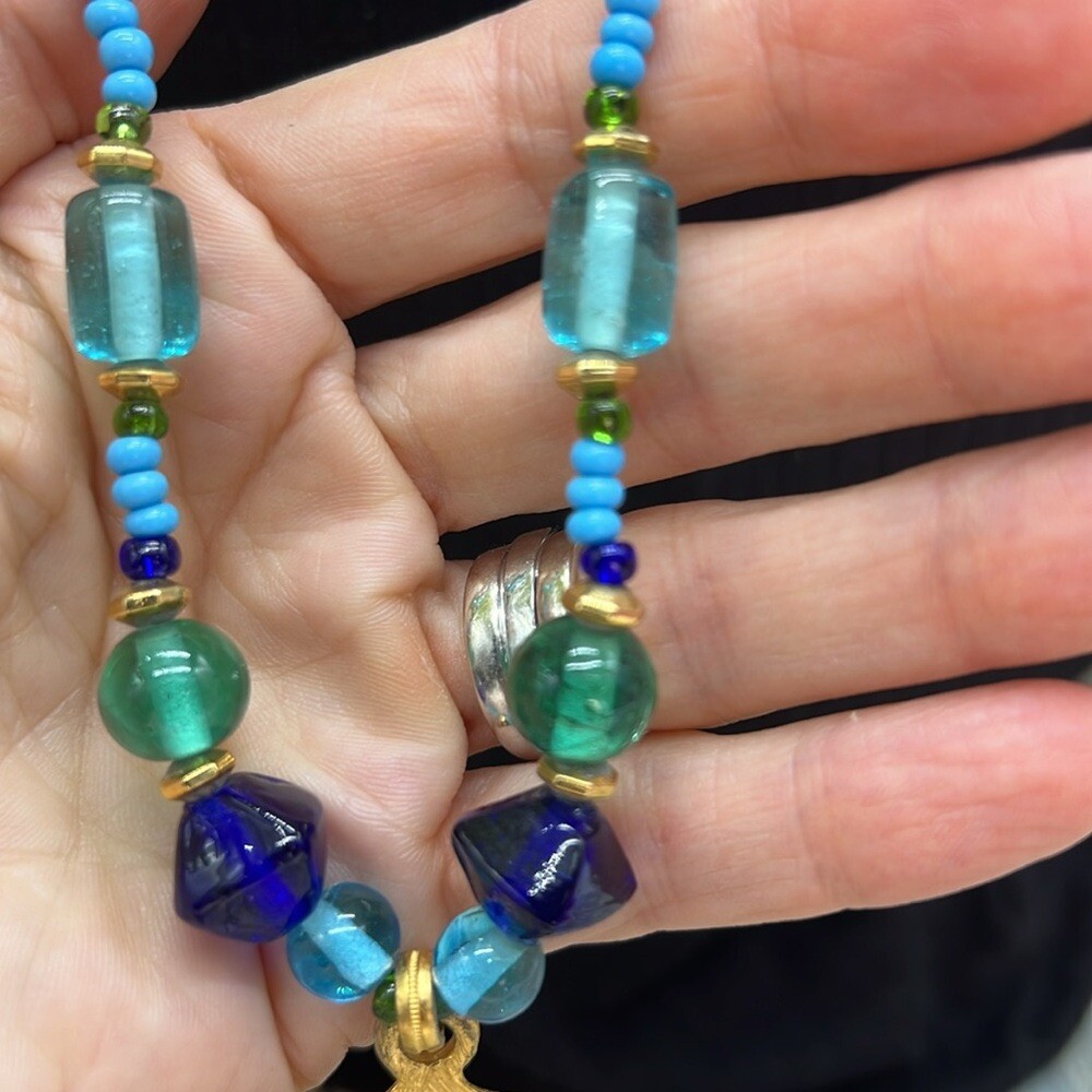 Vintage 90’s QVC Robert Rose signed blue bead long boho style pendant necklace