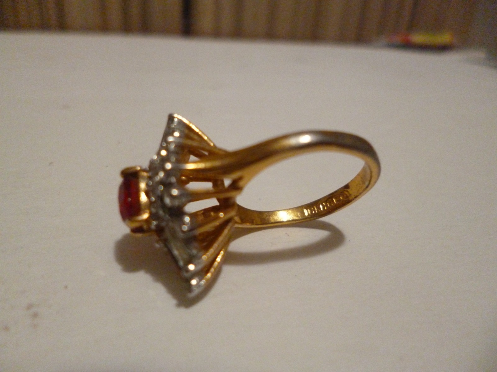 Nice 18KGE Simulated Ruby And Diamond Ring Size 5 1/2