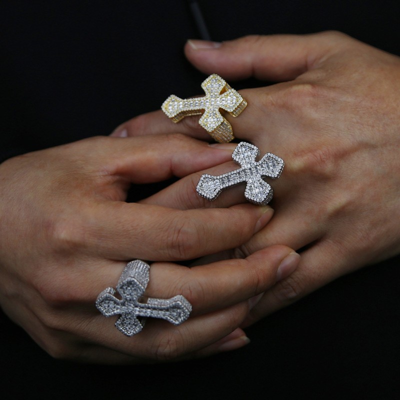 18K Gold Plated Iced CZ Out Cross Ring For Men White Gold Plated Fashion Jewelry