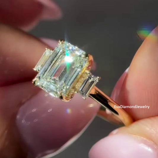 3.7CTW Emerald Cut Moissanite Three Stone Engagement Ring 14K Yellow Gold Plated