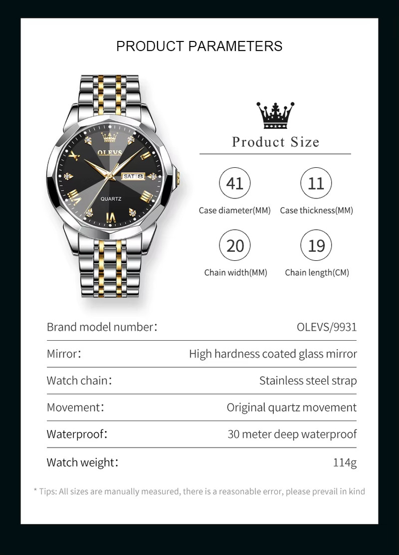OLEVS 9931 Men’s Quartz Watch | Stainless Steel Luminous Calendar Waterproof