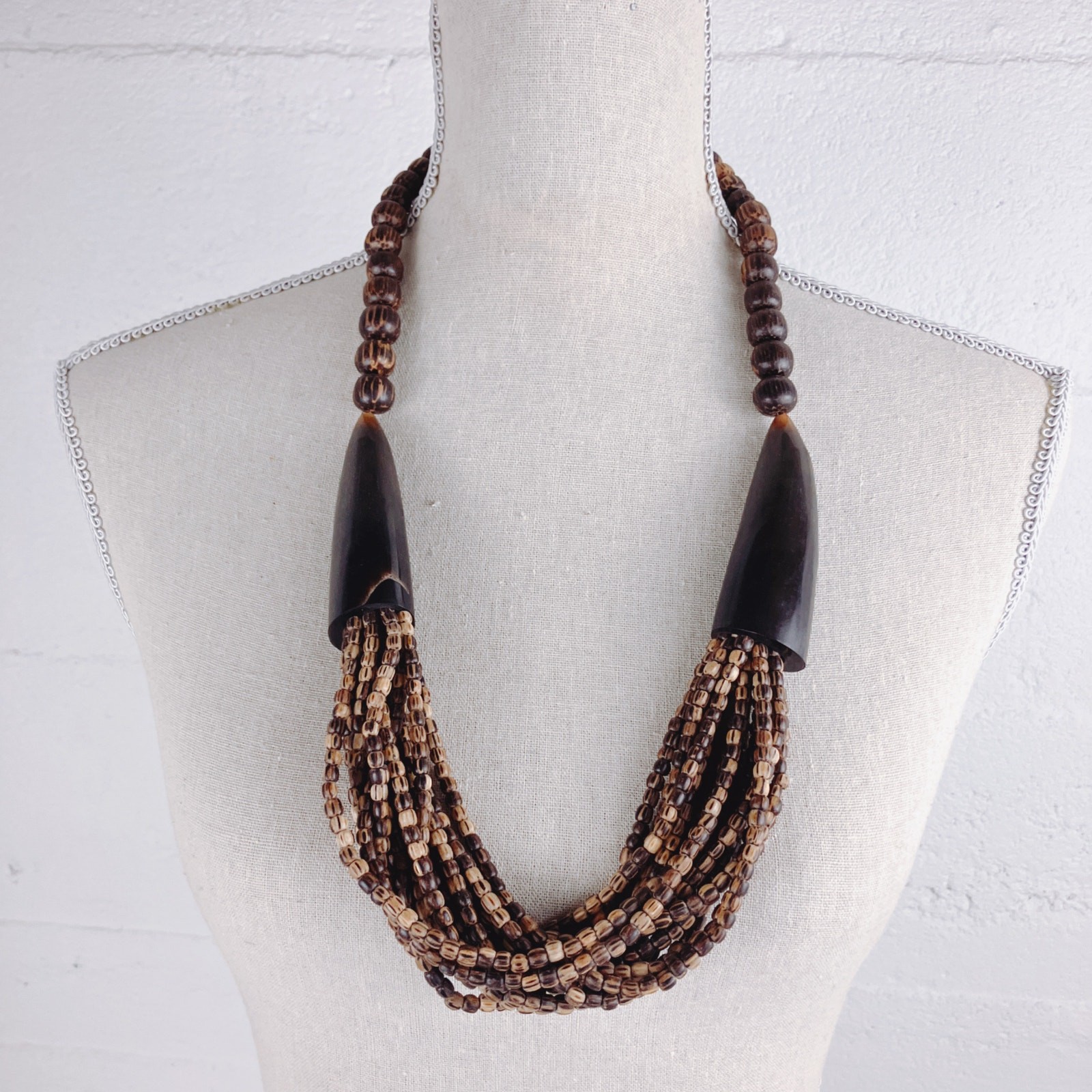 Tribal Wood Bead Bib Necklace & Earrings Set, Faux Horn, Boho