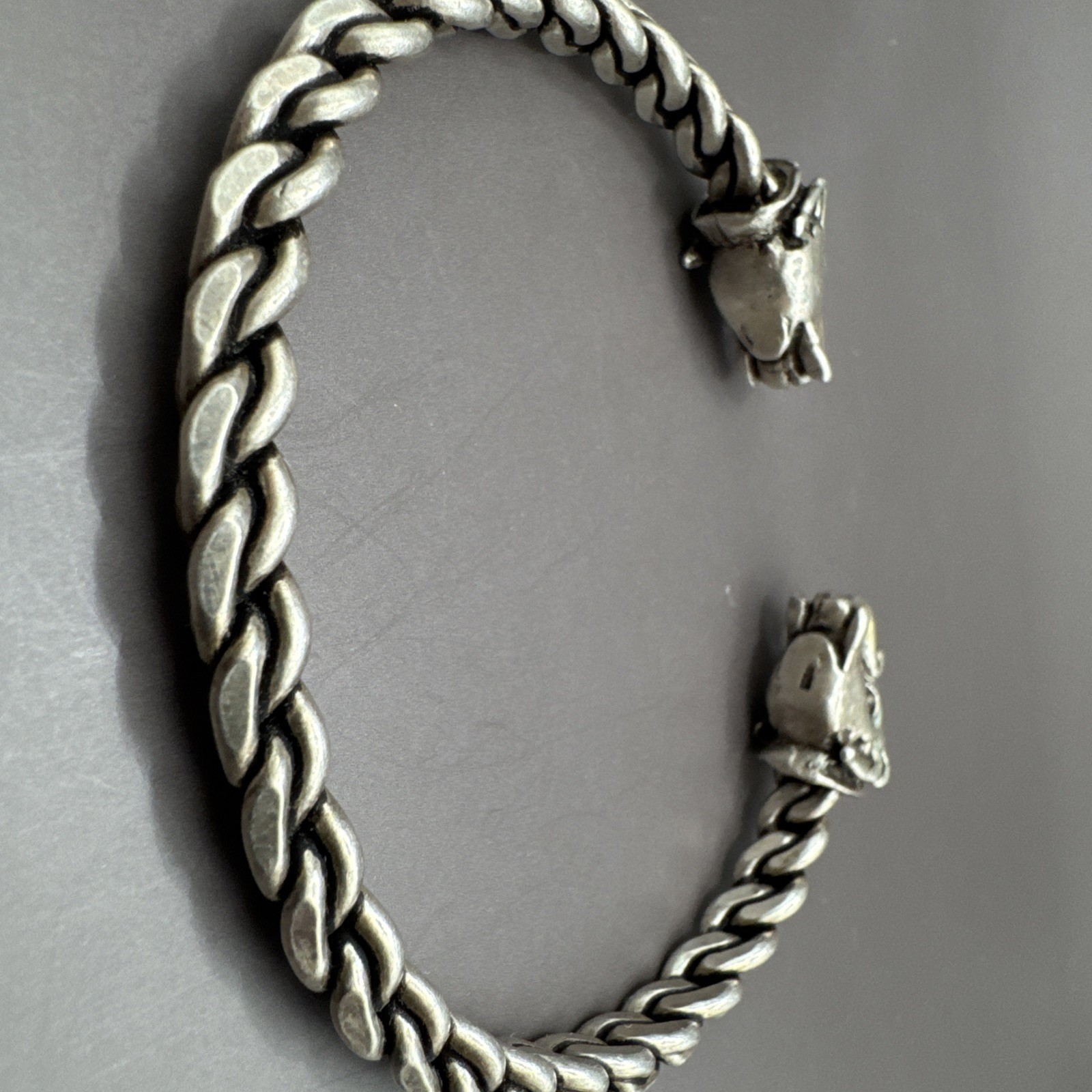 Sterling Silver Elephant Head Cuff Bracelet Open Ended Braided Bangle 39 grams