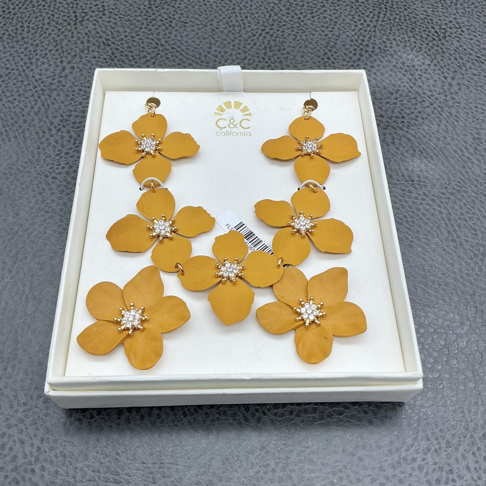 C&C California Necklace Earrings Flower Dangle Stud Mustard Yellow Rhinestone