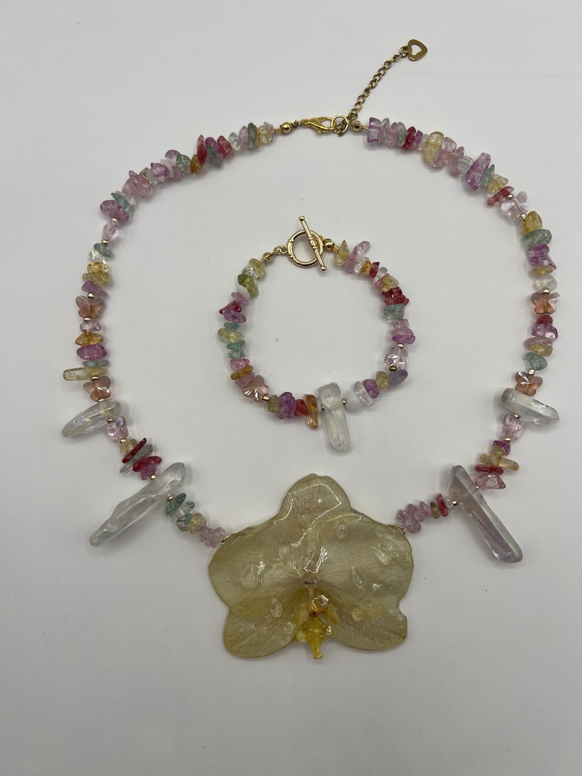 Jewelry Set Necklace & Bracelet Multicolor Beaded Yellow Real Orchid Pendant