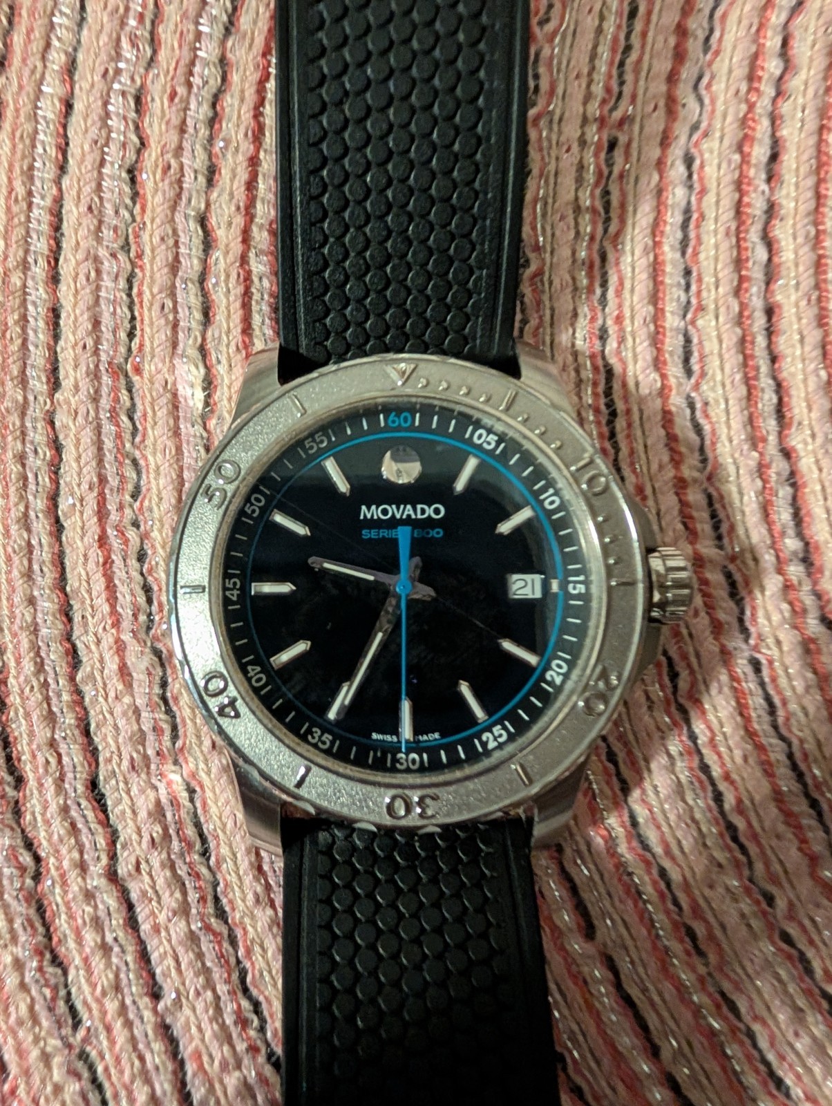 Movado Series 800 2600109 Black Dial Black/Blue Sport Rubber Strap 40mm NICE!