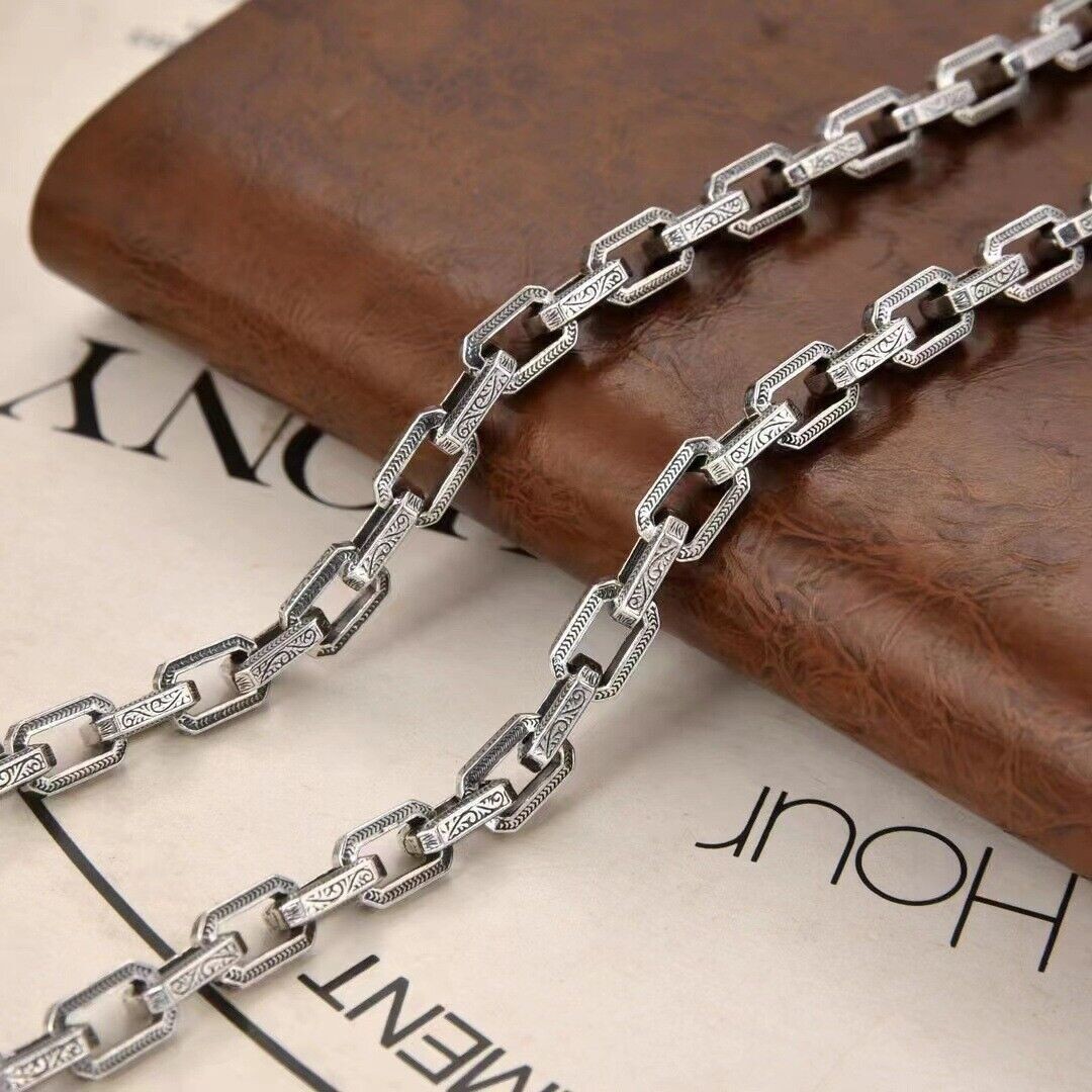 6MM 20-26″ Real 925 Sterling Silver Box Rectangle Link Necklace for Men Jewelry
