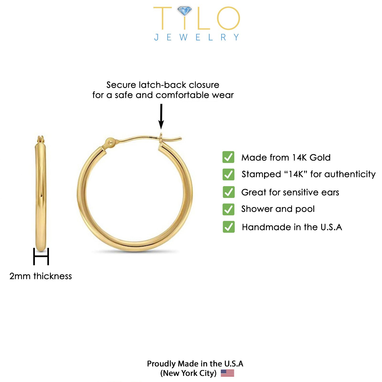 14K Real Solid Gold Shiny Polished Large Round Creole Hoop Earrings Large Sizes
