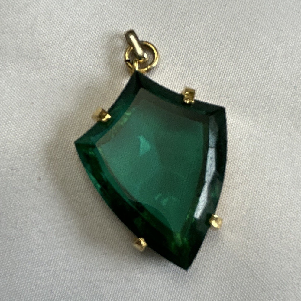 Shield Charm Pendant Green Crystal Prong-Set Gold Tone Metal Setting