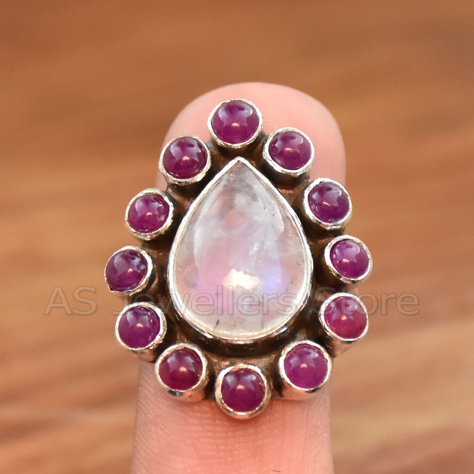 925 Sterling Silver Ring, Rainbow Moonstone & Natural Ruby Ring, Dainty Jewelry