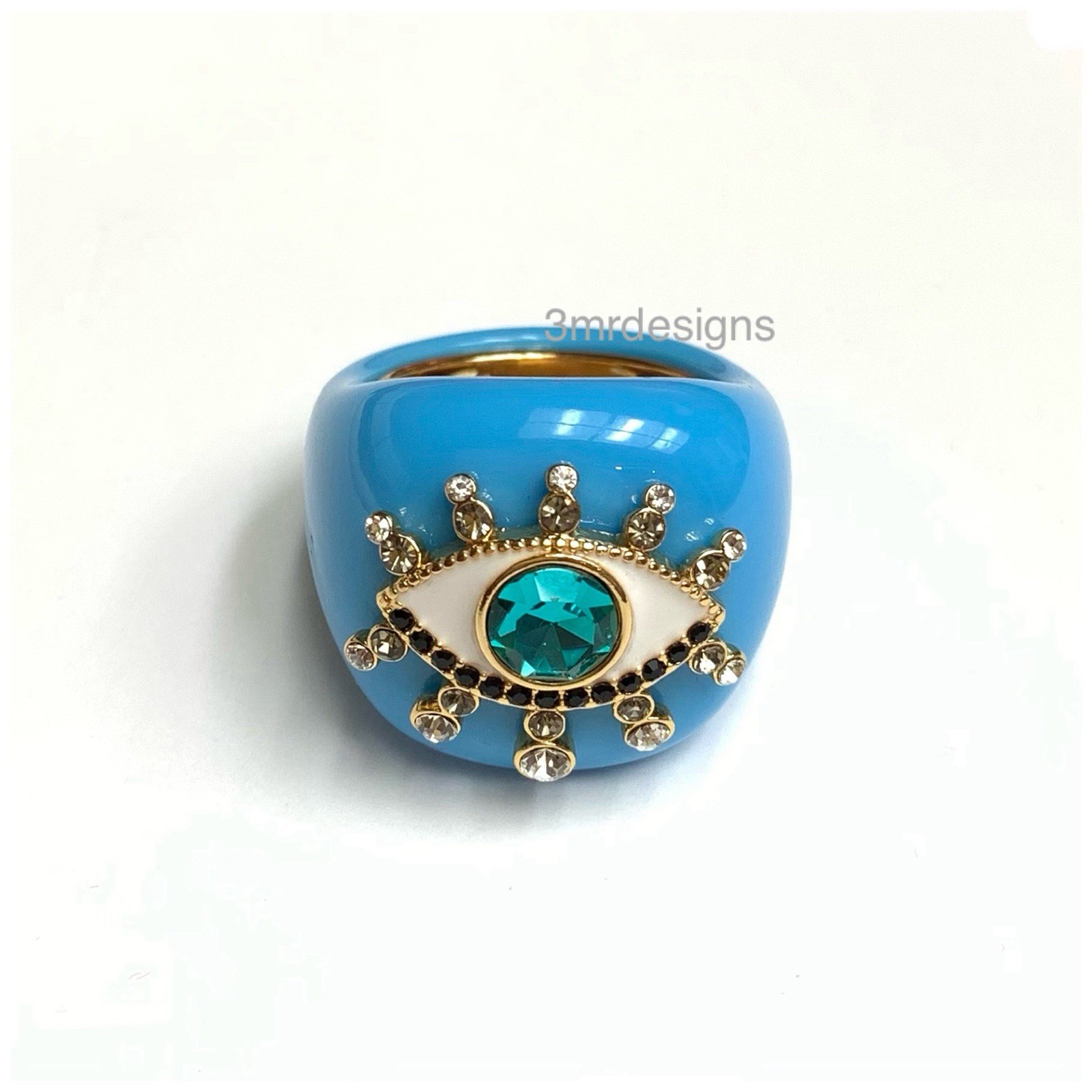 NIB KURT GEIGER LONDON Evil Eye Gold Tone Faceted Crystals Resin Dome Ring-Sz.9