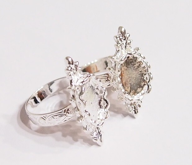 6 – 14x10mm Shiny Silver Victorian Deco Lefleur Design Adjustable Ring Settings