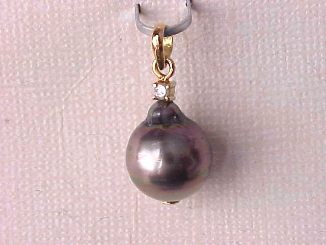 11.5MM X 13.5MM GENUINE TAHITIAN PEARL & DIAMOND PENDANT SOLID 18K YELLOW GOLD