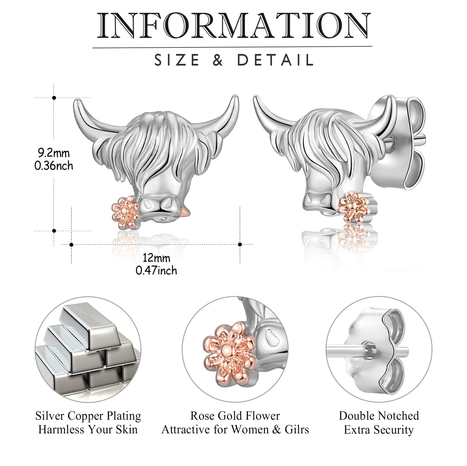 EPIRORA Highland Cow Stud Earrings for 9.2mm x 12mm (0.36″ x 0.47″), silver