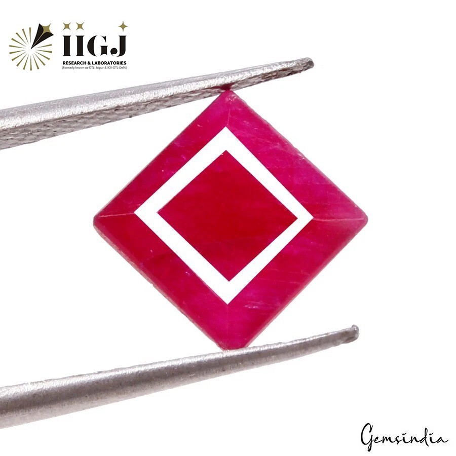 GTL Certified 3.66 Cts Dyed Red Corundum Square Cut Loose Gemstone for Ring