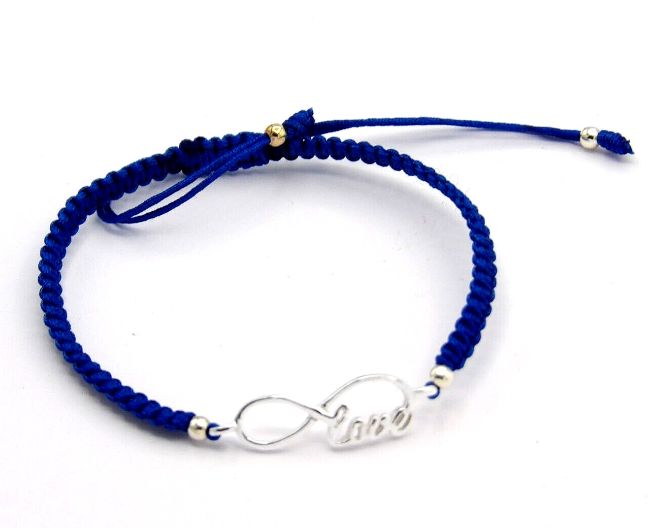 Hand made Solid .925 Sterling Silver Infinity Blue Cotton Braided Adjustable