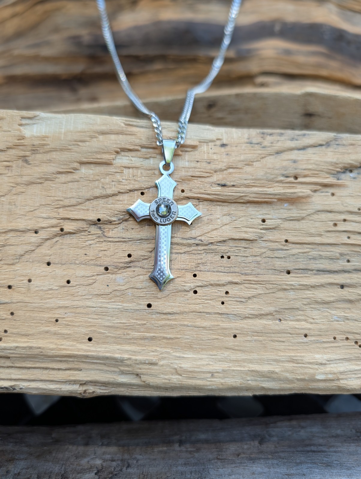 Stainless Steel Cross Necklace with 9mm Bullet. Optional Crystal.