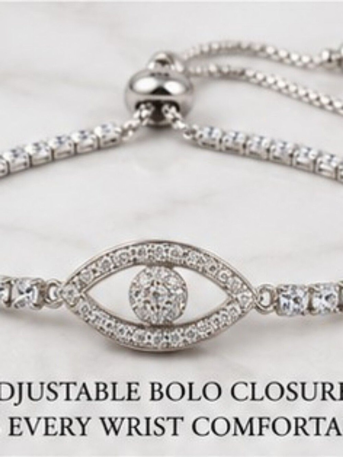 Evil Eye CZ Tennis Bracelet Rhodium Plated Stainless Steel Bolo Slider New