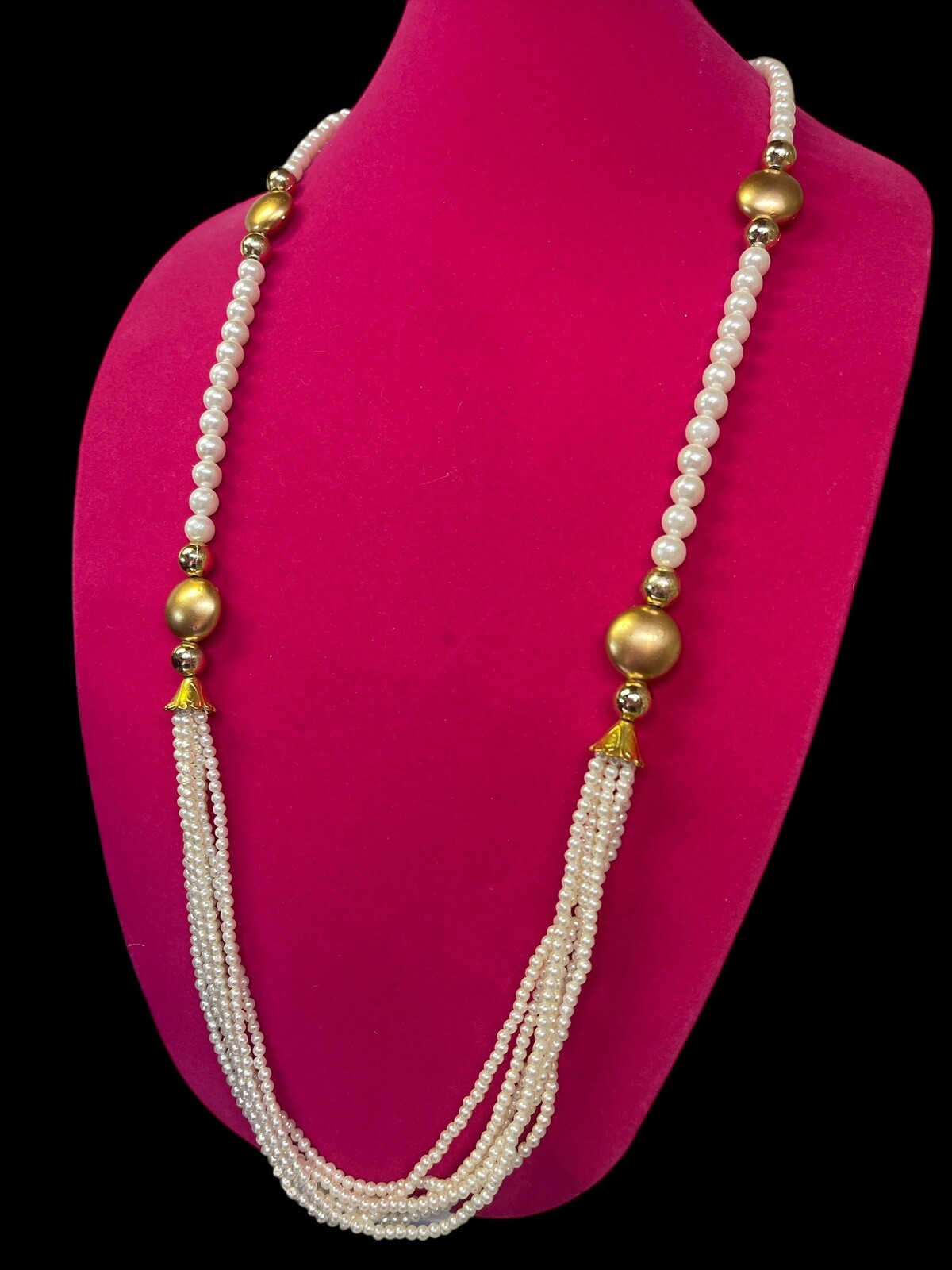 Faux Pearls Opera Length Necklace W Gold Tone Accents Multiple Strands