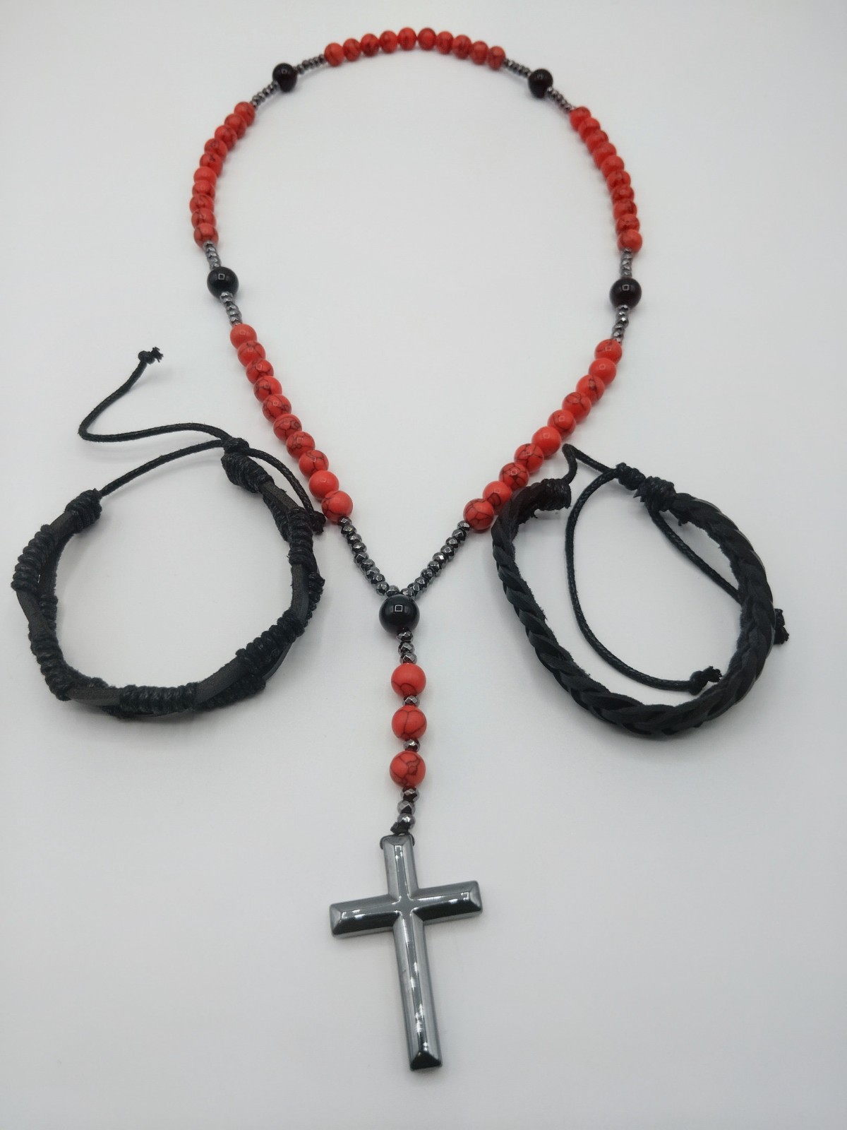 Red and Black Bead Necklace + 2 PC Black Leather bracelet
