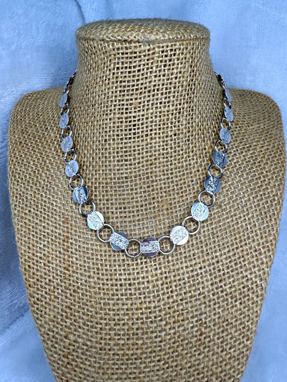 Vintage Sarah Coventry Signed Silver Tone Textured Disc Link Chain Necklace