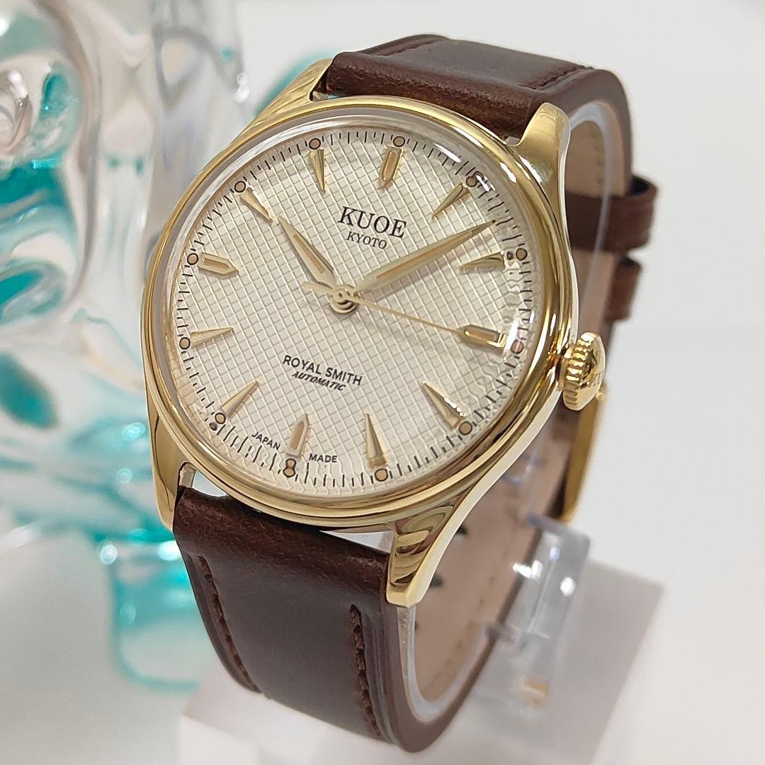 KUOE ROYAL SMITH 90-006 Gold Ivory Waffle Automatic Watch 35mm Miyota 9039