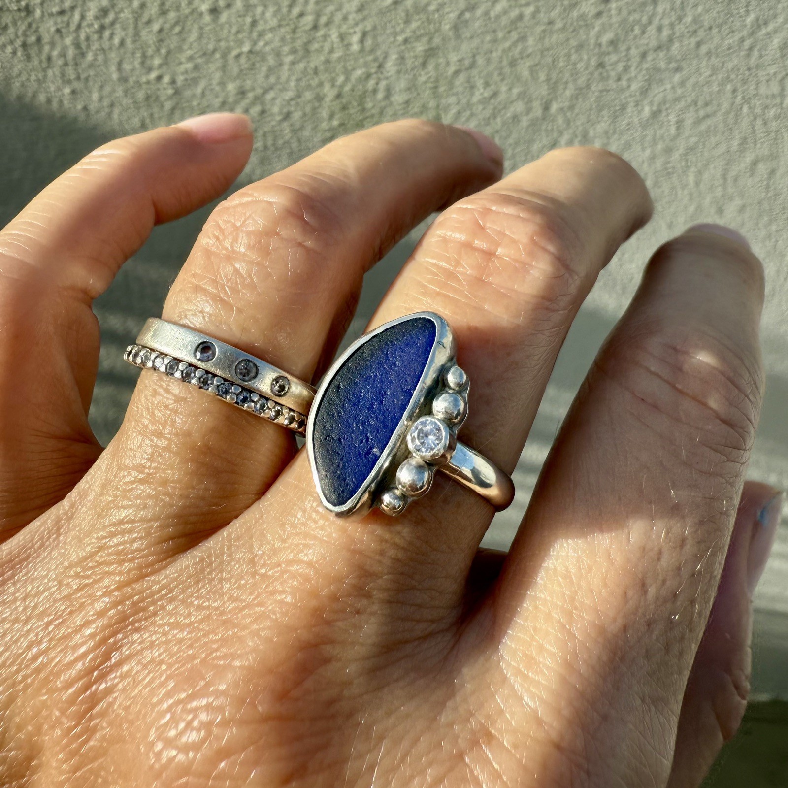 Cobalt Blue Genuine Caribbean Sea Glass Sterling Silver Ring With CZ Gem. Size 9