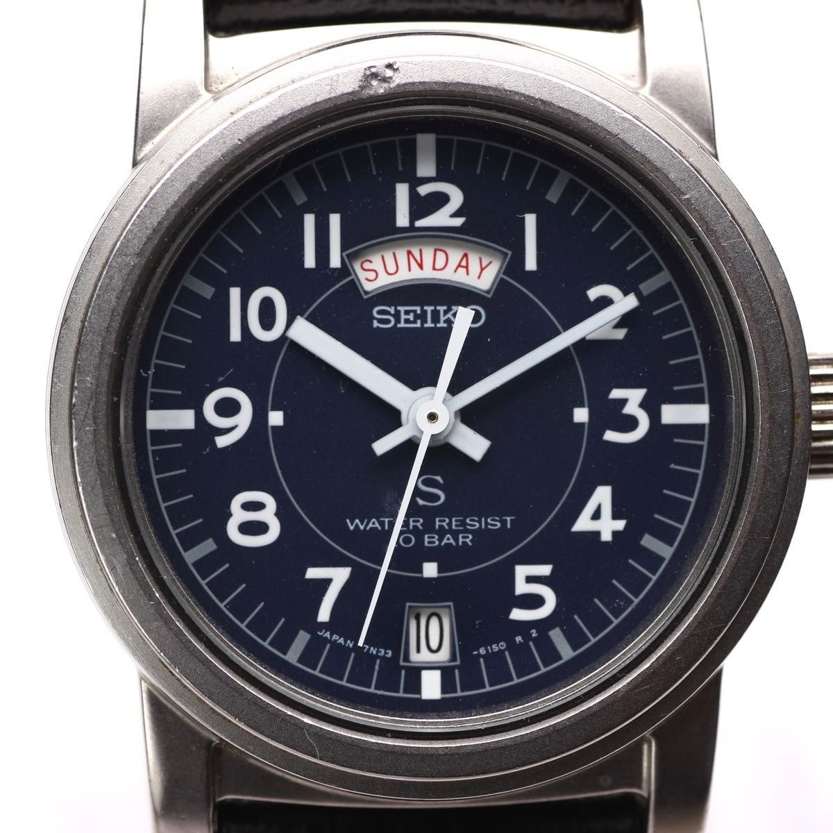 SEIKO SUS Quartz Watch 7N33-6050 Analog Military Navy Dial Stainless Steel 32mm