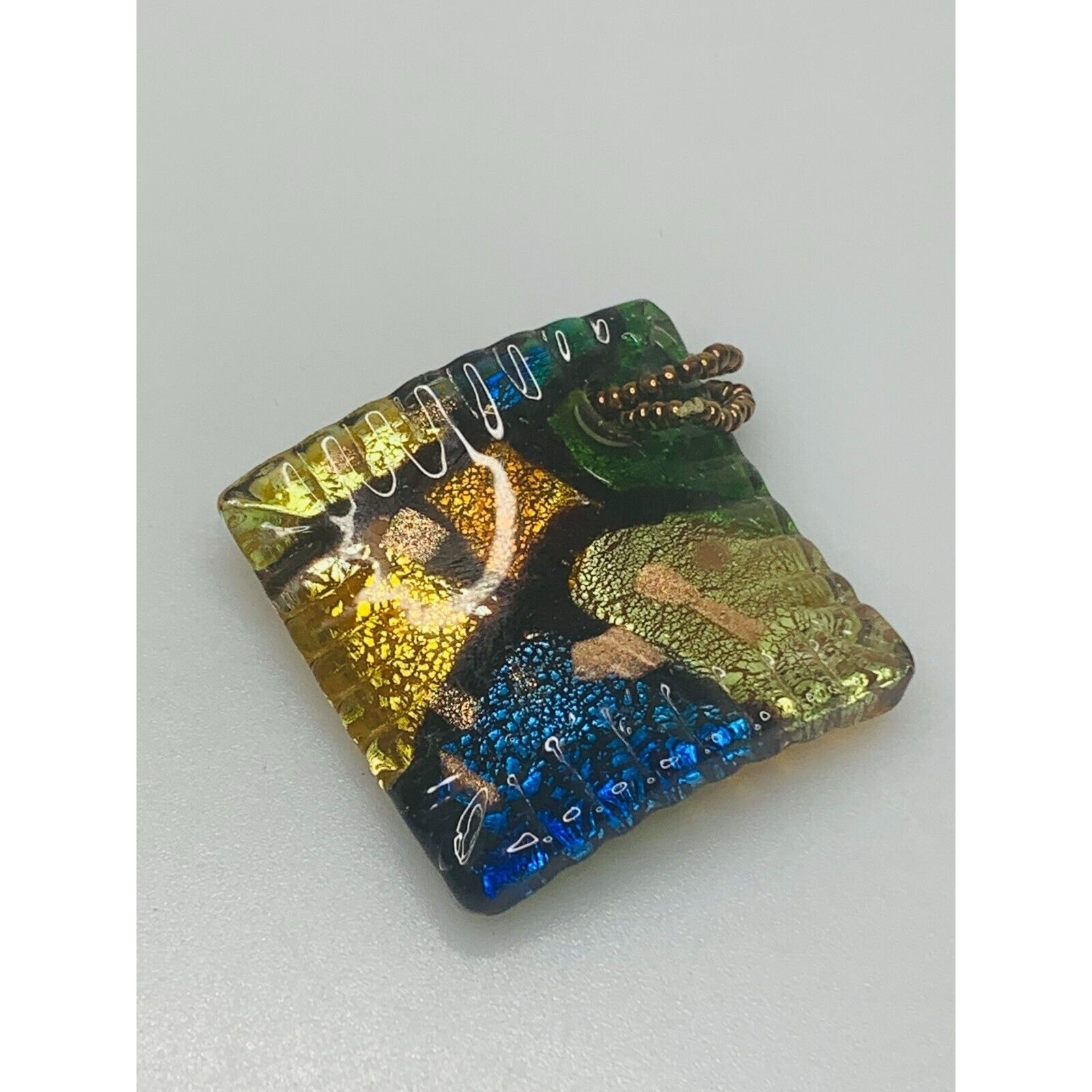 Blue, Green & Gold Glass Pendant, Diamond Shape, 1.5″
