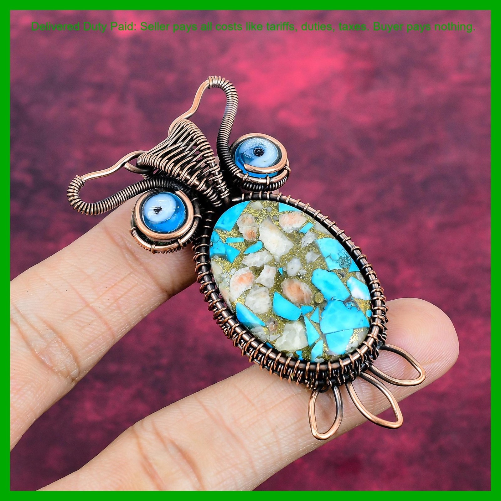 Copper Natural Pink Opal Copper Turquoise Blue Color Evil Eye Art Deco Pendant