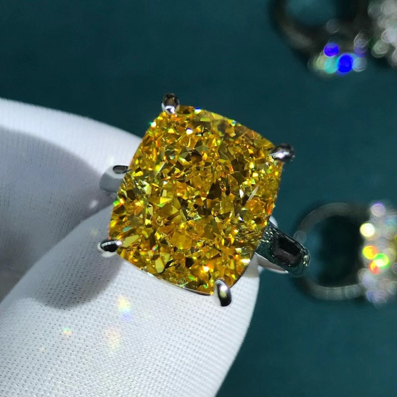 8.00 Ct Cushion Cut Natural Yellow Sapphire Diamond Wedding Ring 14K White Gold