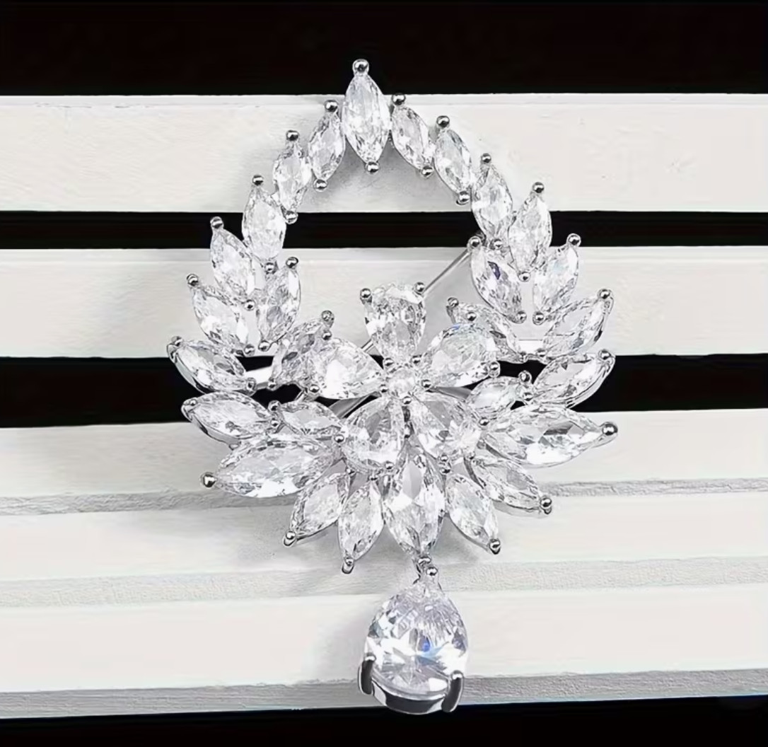 Crystal Rhinestone Floral Wreath Brooch Pear Drop Dangle Silver Glam Pin SPARKLE