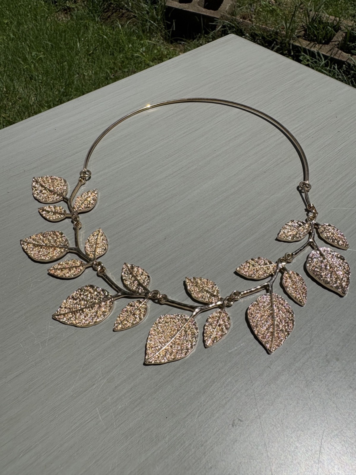 Heavy Gold Tone Leaf Choker Statement Necklace