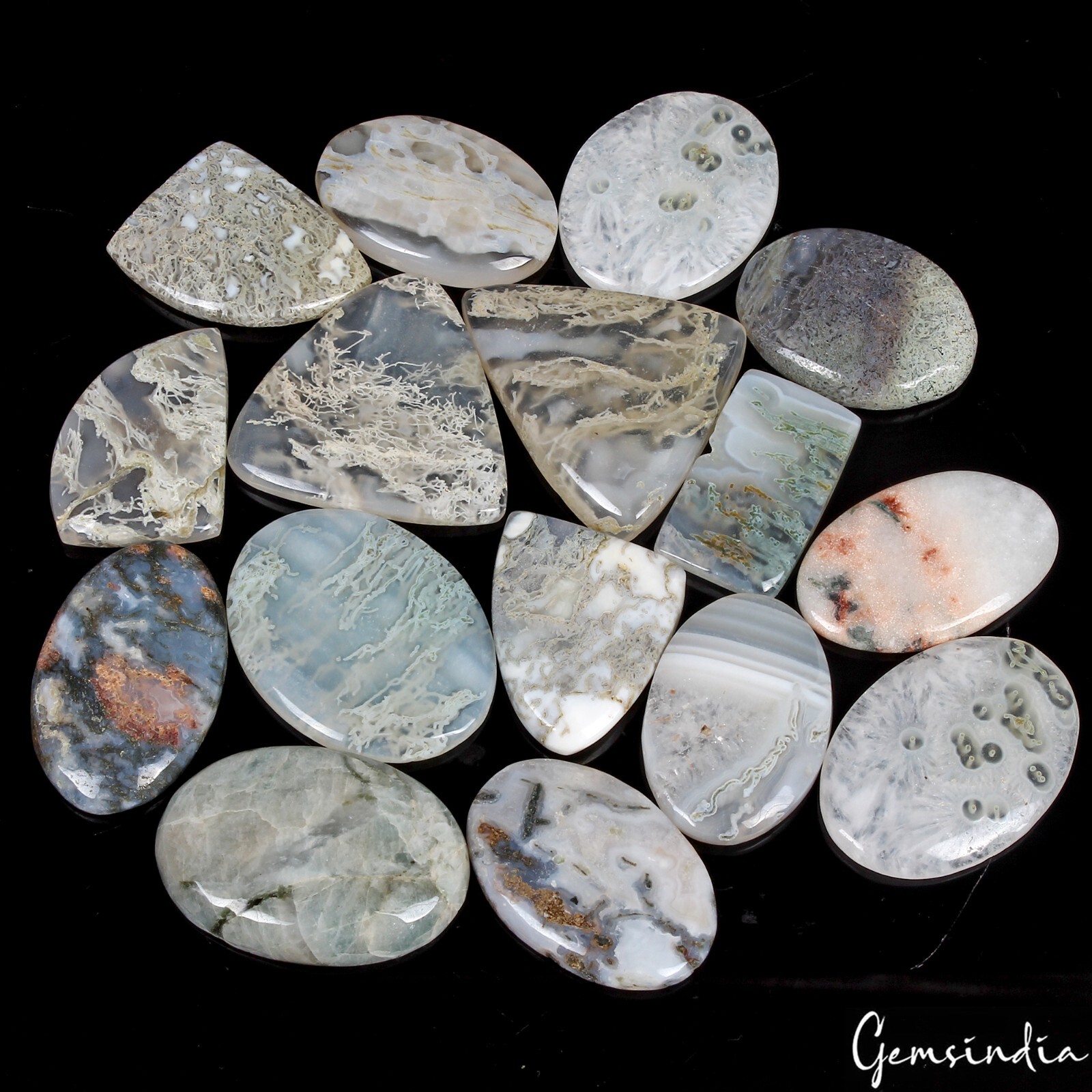 760 Cts/16 Pcs Natural Untreated Moss Agate Mix Cab Wholesale Loose 31-40mm Gems