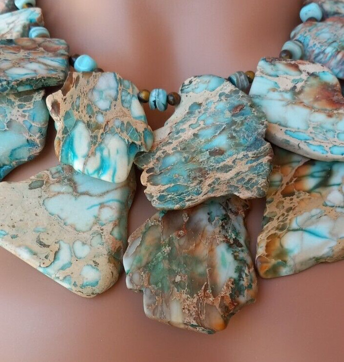 Slab Impression Jasper Blue Brown Amazonite Tigers Eye Huge Double Strand 273G