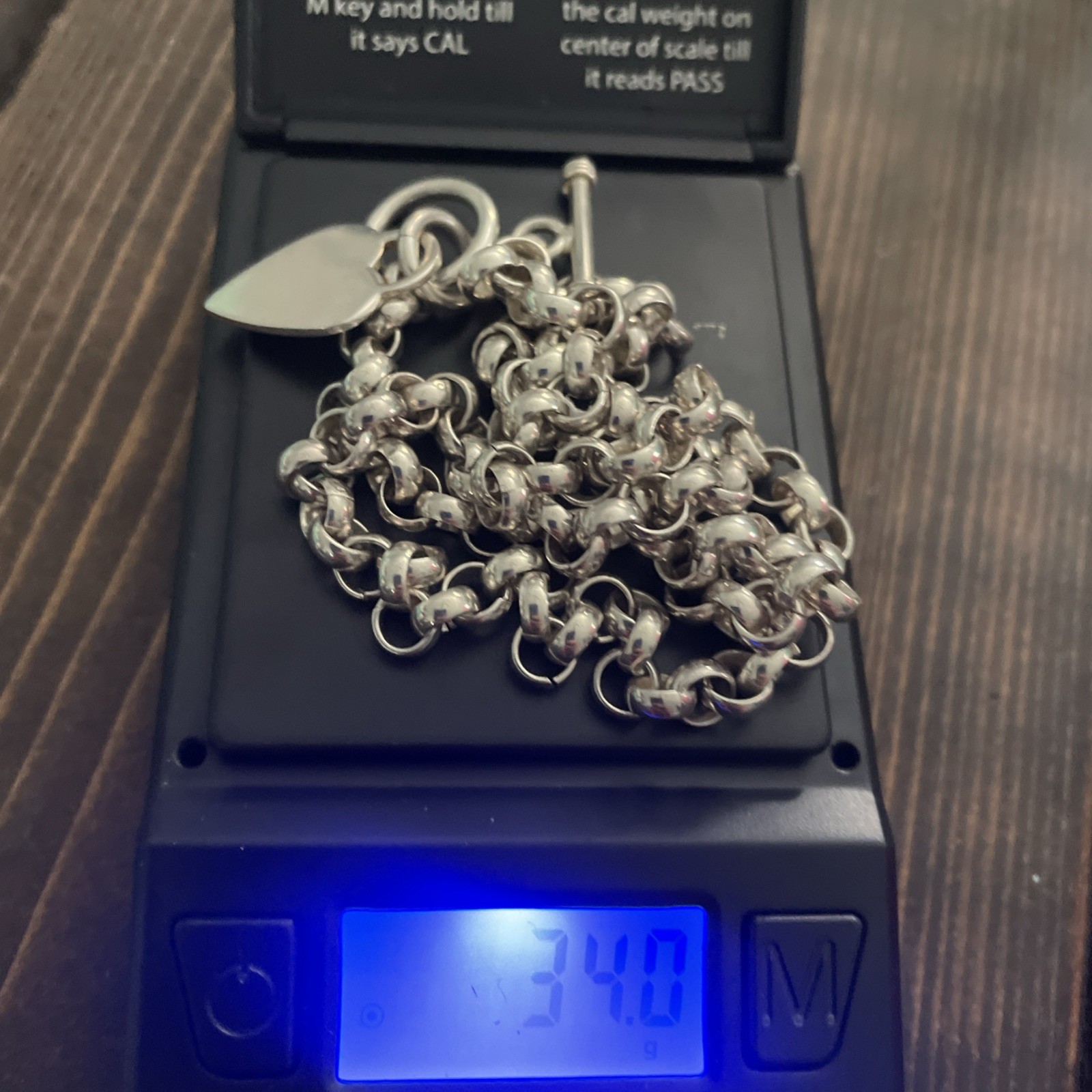 Solid Sterling Silver Chain Link Heart Tag Necklace, 45 grams, 17 1/2