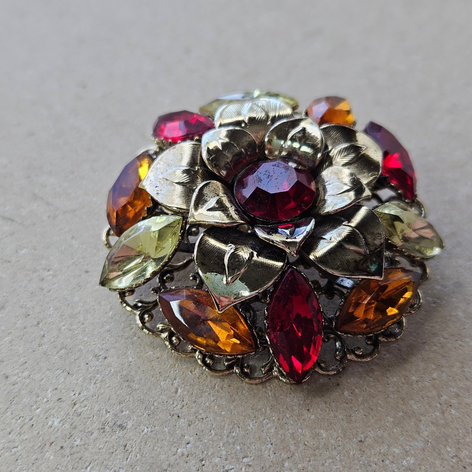 Vtg 50s 60s Gold Tone Floral Rhinestone Brooch Red Amber Yellow Flower Pin