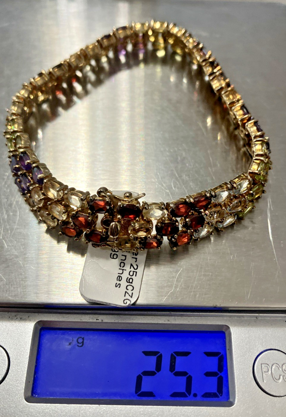925 Sterling Silver Bct 25grams 11mm 7.2” Multi-Color Stones Gold-Tone PreOwned