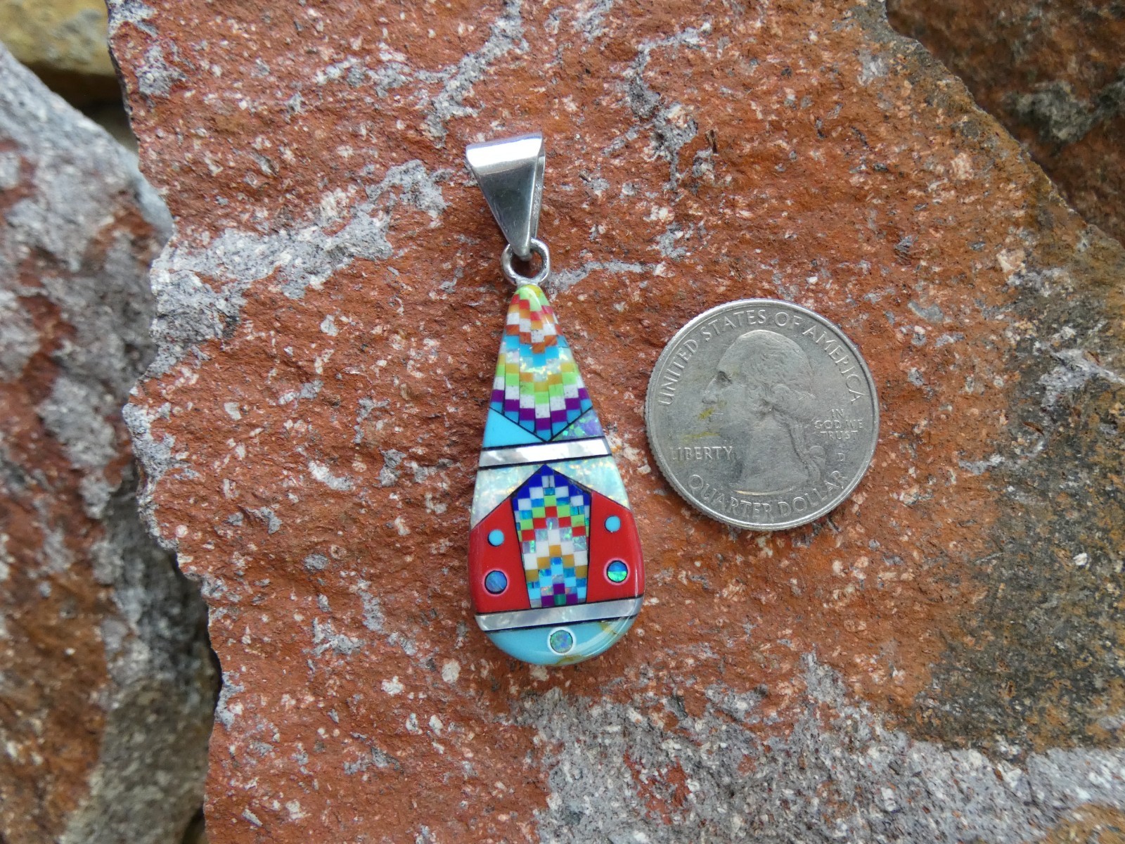 Southwestern Mosiac Gemstone Opal Aluminum Sterling Silver Alloy Pendant AS90