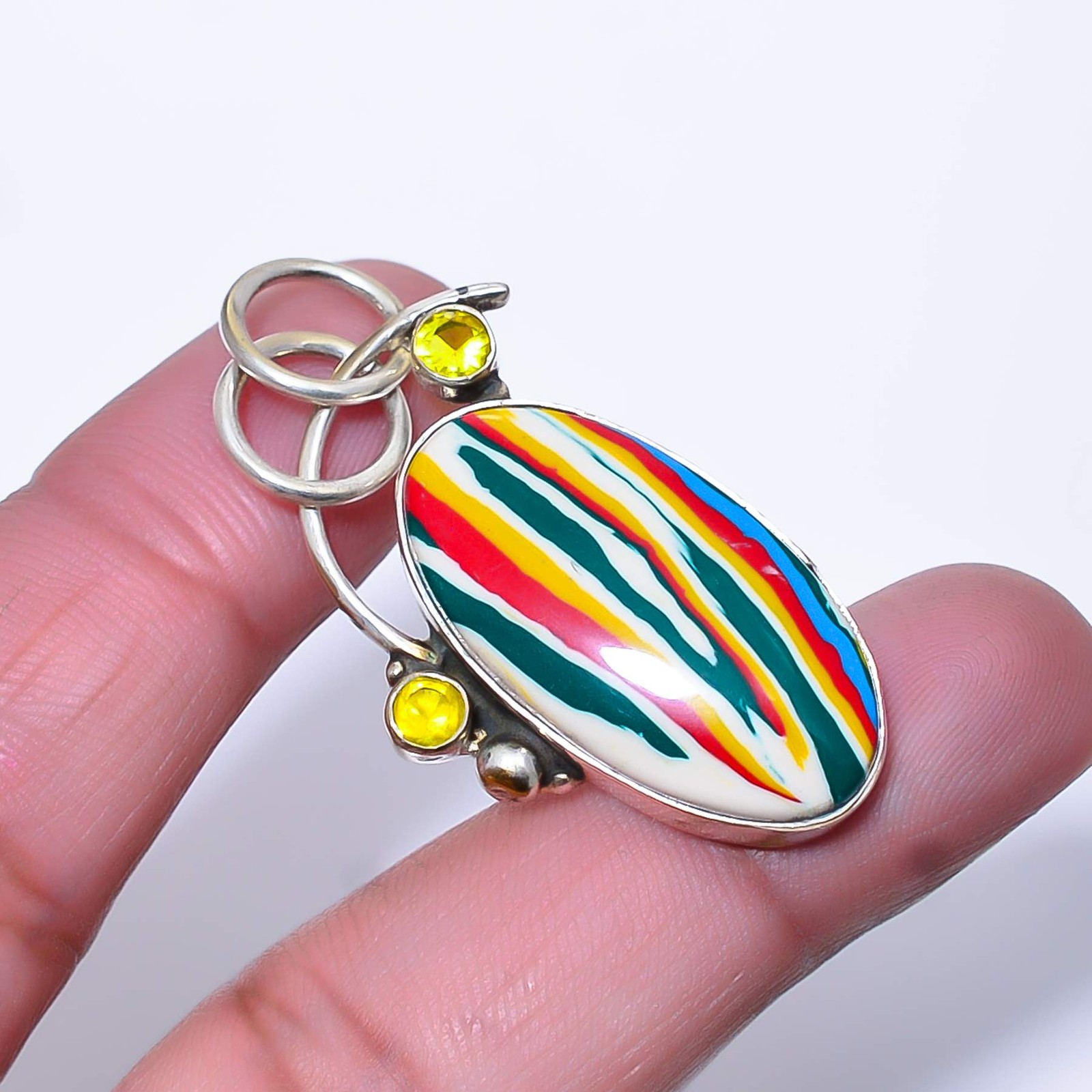 Rainbow Calsilica & Citrine 925 Sterling Silver Pendant 1.68″ A330 Gift for her