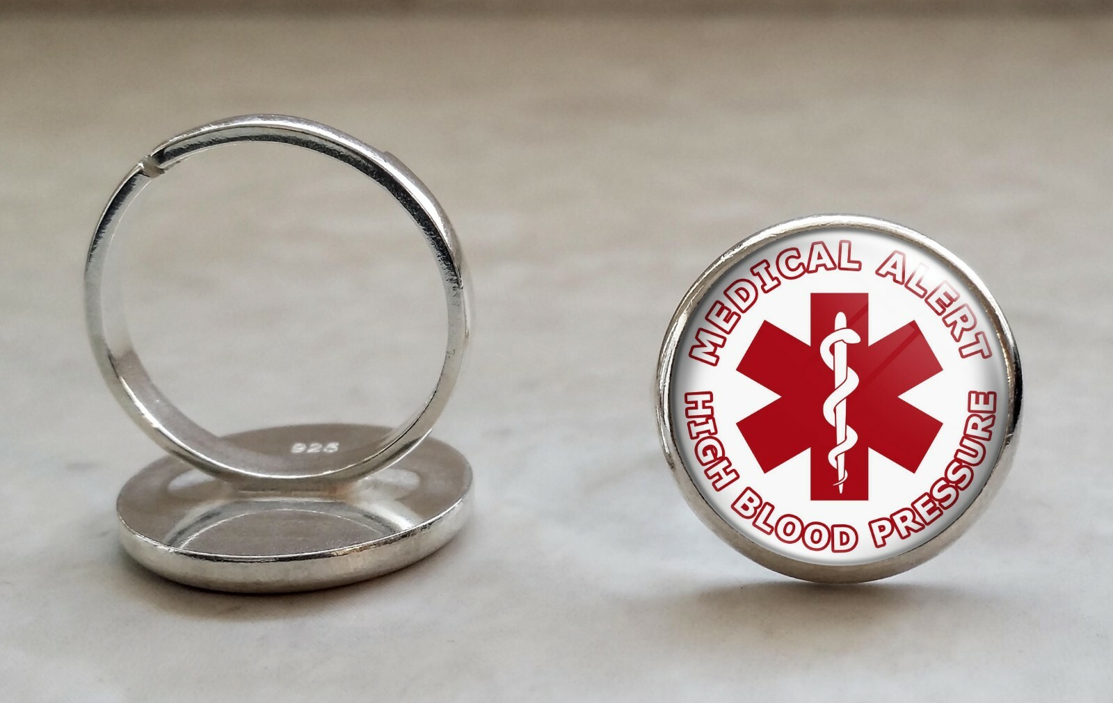 High Blood Pressure Medical Alert 925 Sterling Silver Adjustable Ring