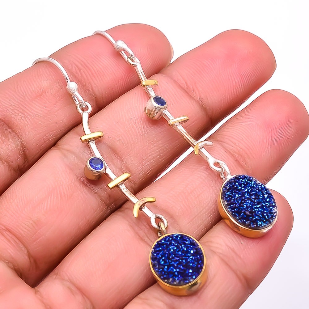 Blue Titanium Agate Drusy & Sapphire Simulated 925 Silver Earring 2.34″ E22