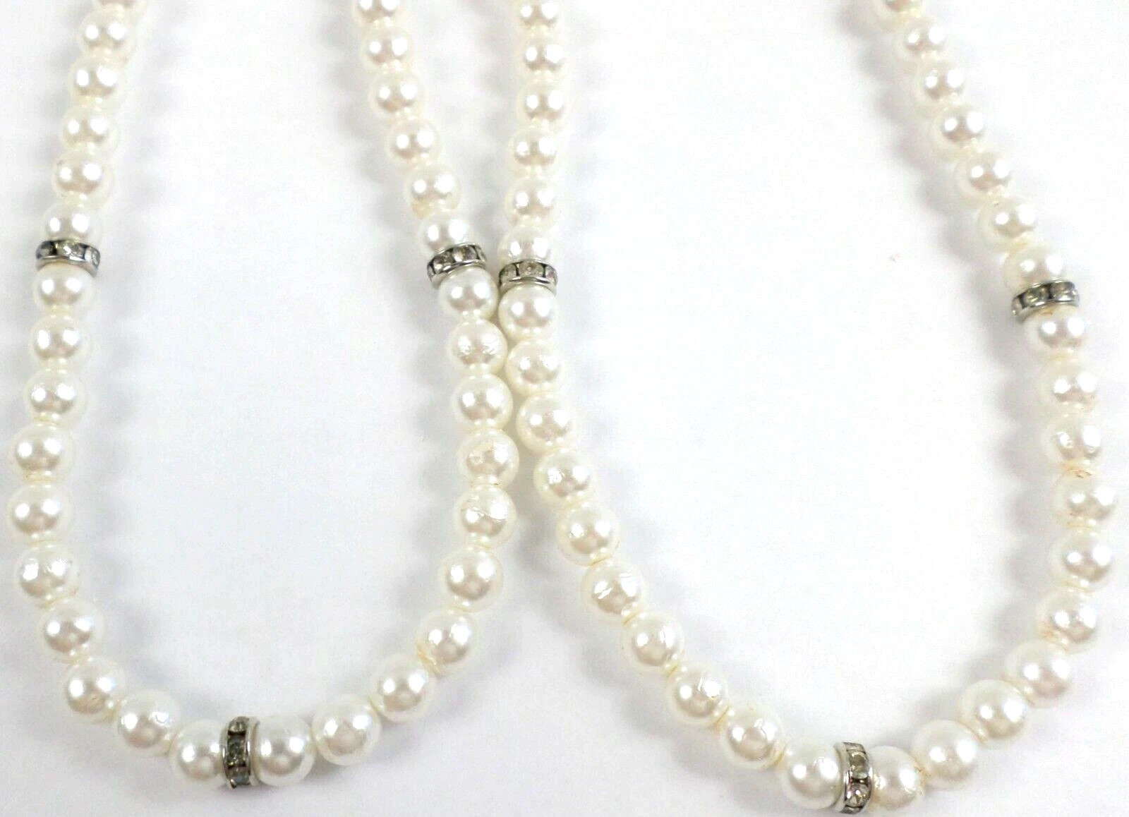 2 -Vintage 13.25″ White 6mm Acrylic Pearls 122 Bead Strand Rhinestone Hooks End